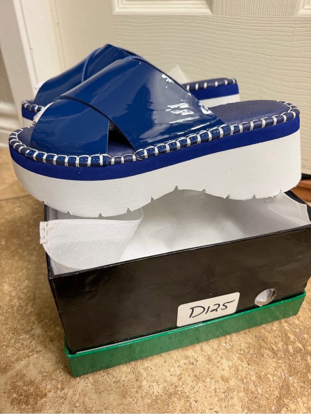 NEW Chocolate Blu Patent Leather Blue Platform Slide Sandals –  Size 37/US 6-6.5